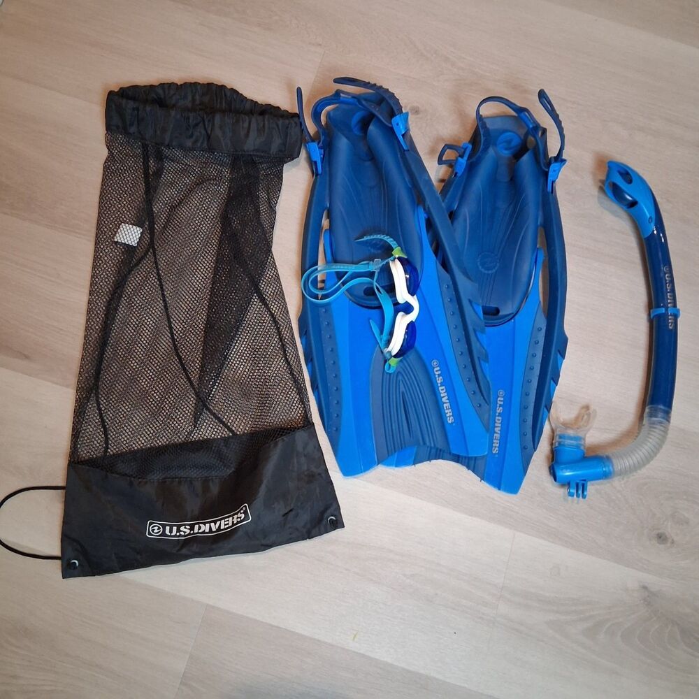 U.S. Divers Snorkel Set Flippers Fins L/XL 9-13 Snorkel Speedo Goggles Mesh Bag